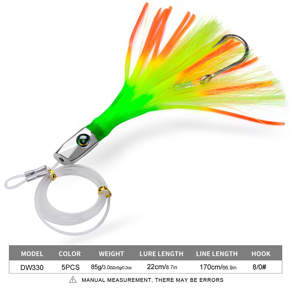 KATYUSHA Squid Trolling Lure, 85g, 22cm, 5PCS Set, with 8/ 0# Hook & 170cm Leader, Pre-Rigged Squid Skirt, for Tuna Marlin Mahi-Mahi