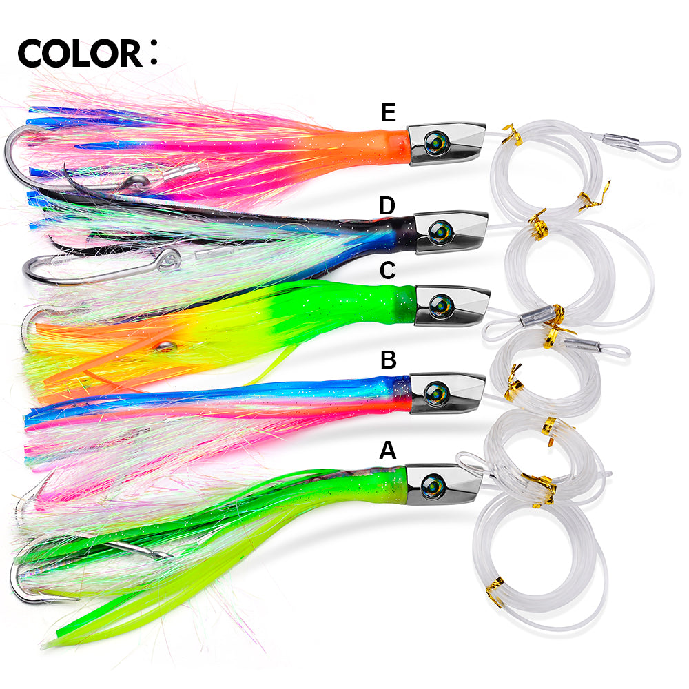 KATYUSHA Squid Trolling Lure, 85g, 22cm, 5PCS Set, with 8/ 0# Hook & 170cm Leader, Pre-Rigged Squid Skirt, for Tuna Marlin Mahi-Mahi