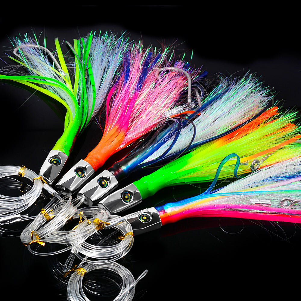 KATYUSHA Squid Trolling Lure, 85g, 22cm, 5PCS Set, with 8/ 0# Hook & 170cm Leader, Pre-Rigged Squid Skirt, for Tuna Marlin Mahi-Mahi