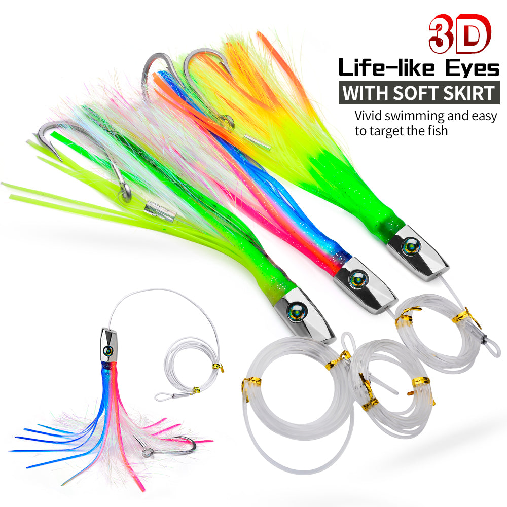 KATYUSHA Squid Trolling Lure, 85g, 22cm, 5PCS Set, with 8/ 0# Hook & 170cm Leader, Pre-Rigged Squid Skirt, for Tuna Marlin Mahi-Mahi