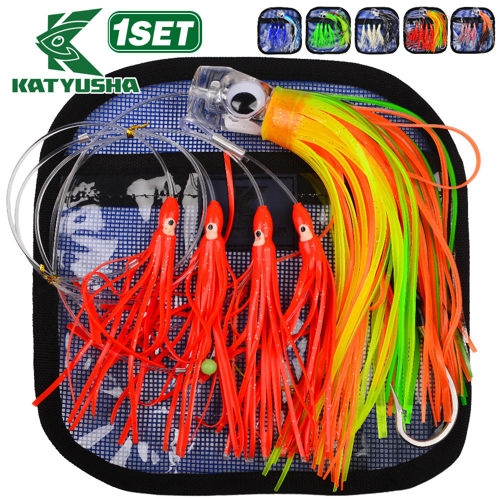 KATYUSHA Squid Trolling Lure Set, 6PCS/ Set, 5.9-9.1in, Crystal/ Metal Head, with Storage Bag