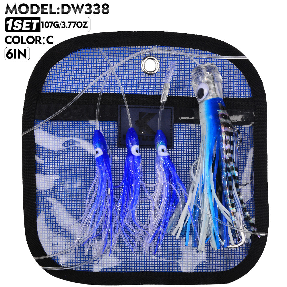 KATYUSHA Squid Trolling Lure Set, 6PCS/ Set, 5.9-9.1in, Crystal/ Metal Head, with Storage Bag