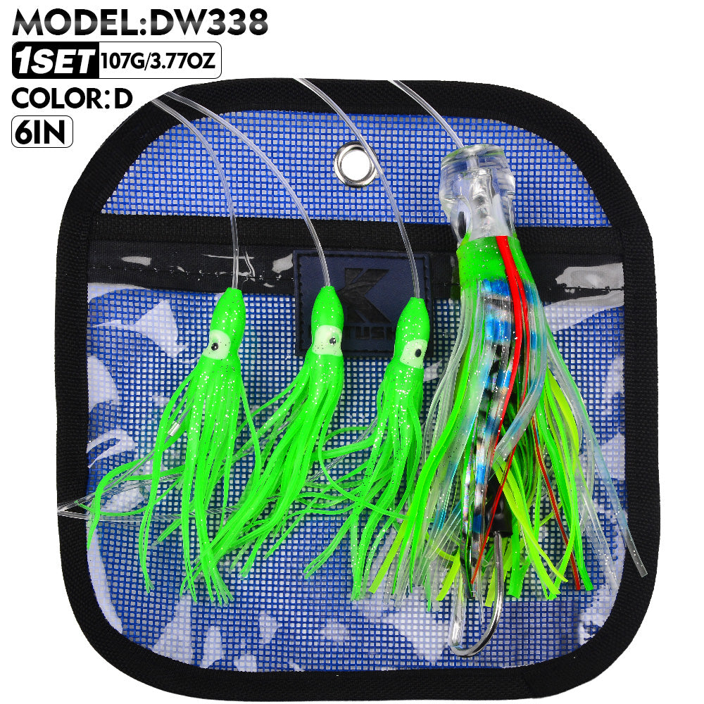 KATYUSHA Squid Trolling Lure Set, 6PCS/ Set, 5.9-9.1in, Crystal/ Metal Head, with Storage Bag