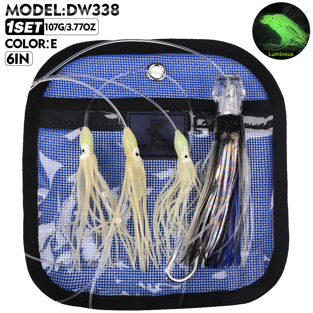KATYUSHA Squid Trolling Lure Set, 6PCS/ Set, 5.9-9.1in, Crystal/ Metal Head, with Storage Bag