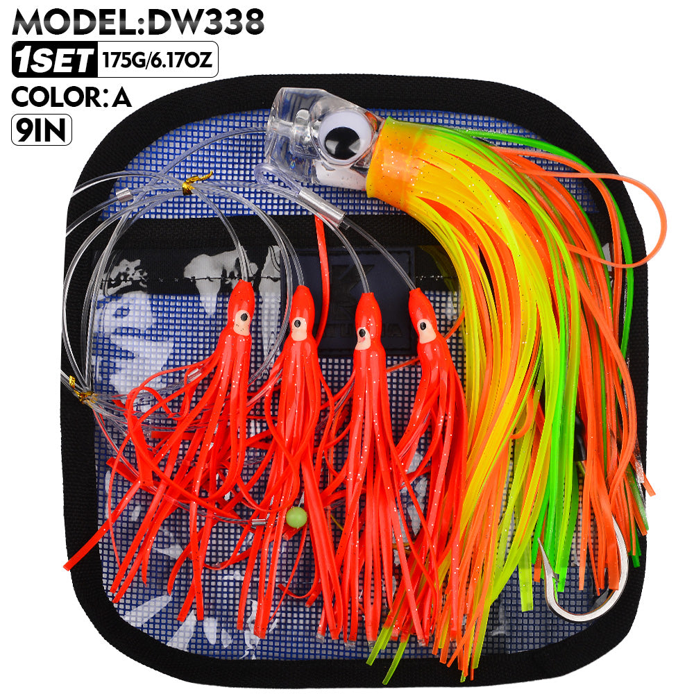 KATYUSHA Squid Trolling Lure Set, 6PCS/ Set, 5.9-9.1in, Crystal/ Metal Head, with Storage Bag