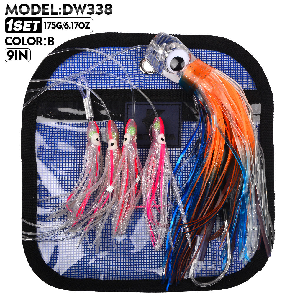 KATYUSHA Squid Trolling Lure Set, 6PCS/ Set, 5.9-9.1in, Crystal/ Metal Head, with Storage Bag
