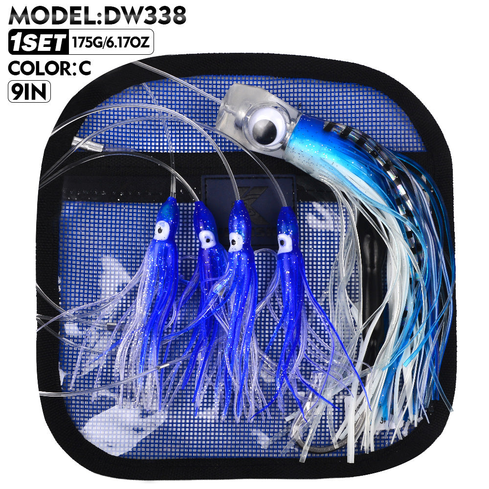 KATYUSHA Squid Trolling Lure Set, 6PCS/ Set, 5.9-9.1in, Crystal/ Metal Head, with Storage Bag