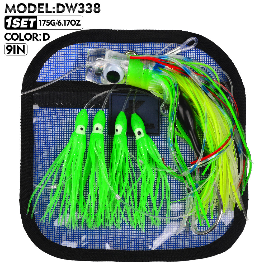 KATYUSHA Squid Trolling Lure Set, 6PCS/ Set, 5.9-9.1in, Crystal/ Metal Head, with Storage Bag