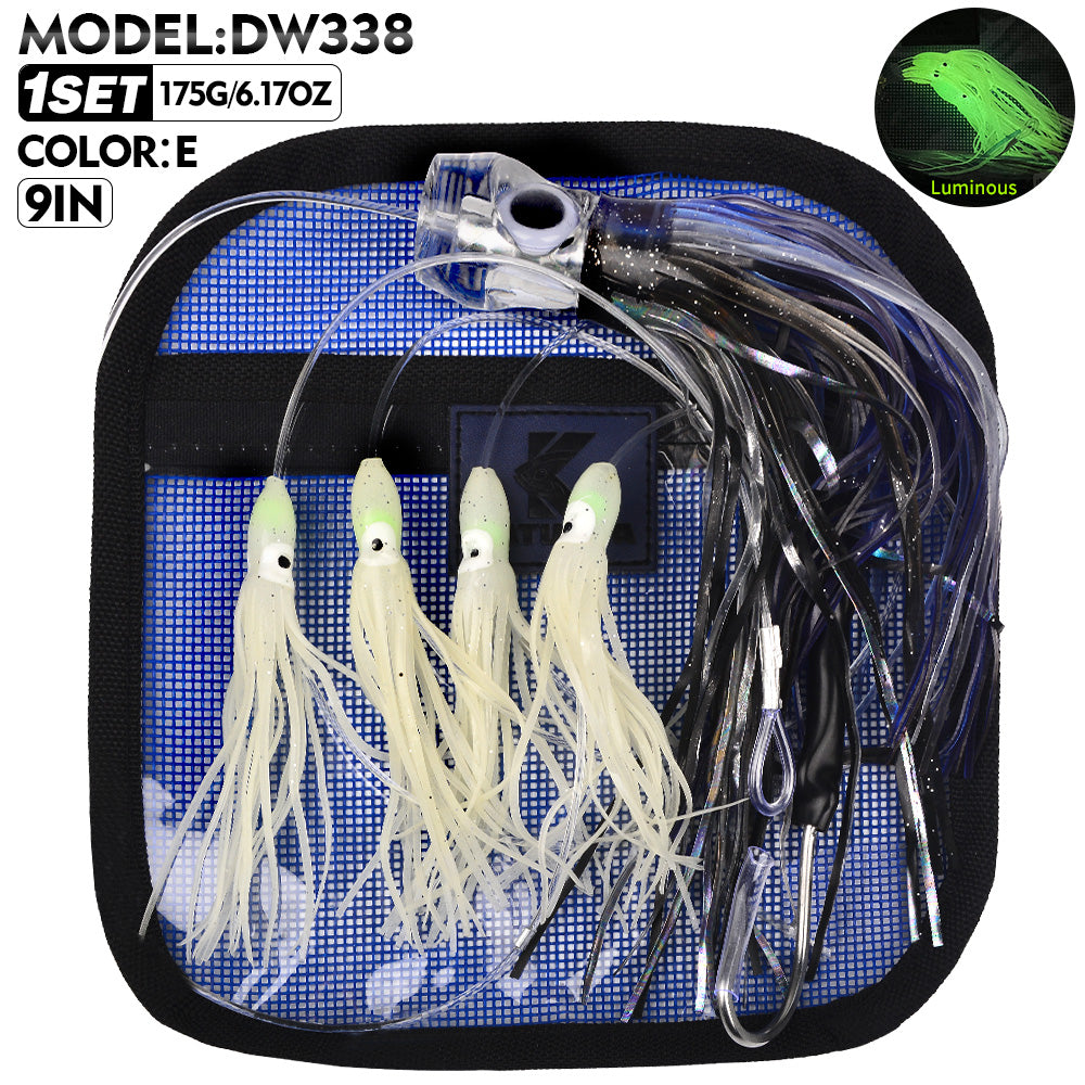 KATYUSHA Squid Trolling Lure Set, 6PCS/ Set, 5.9-9.1in, Crystal/ Metal Head, with Storage Bag