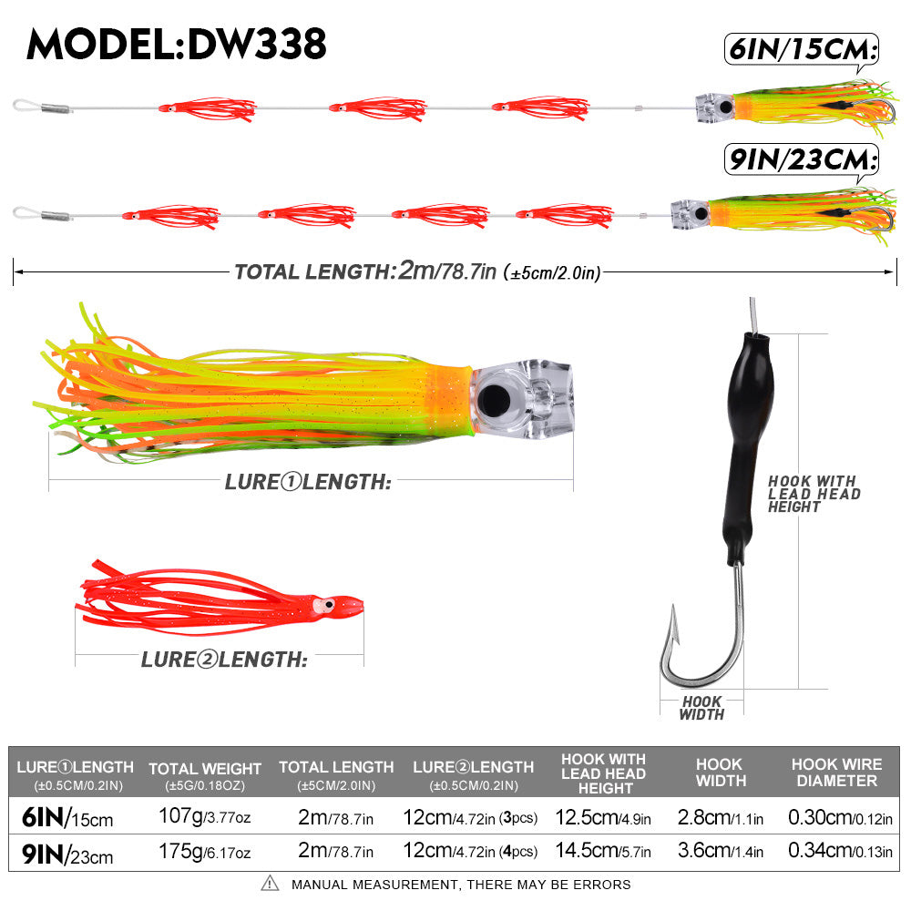 KATYUSHA Squid Trolling Lure Set, 6PCS/ Set, 5.9-9.1in, Crystal/ Metal Head, with Storage Bag