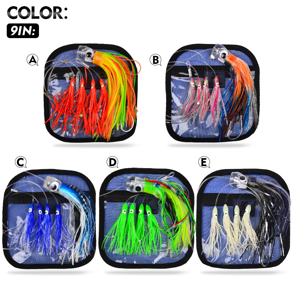 KATYUSHA Squid Trolling Lure Set, 6PCS/ Set, 5.9-9.1in, Crystal/ Metal Head, with Storage Bag
