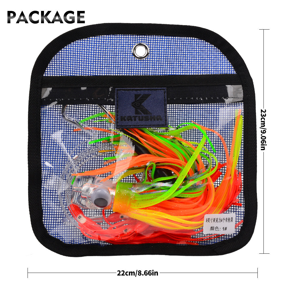 KATYUSHA Squid Trolling Lure Set, 6PCS/ Set, 5.9-9.1in, Crystal/ Metal Head, with Storage Bag