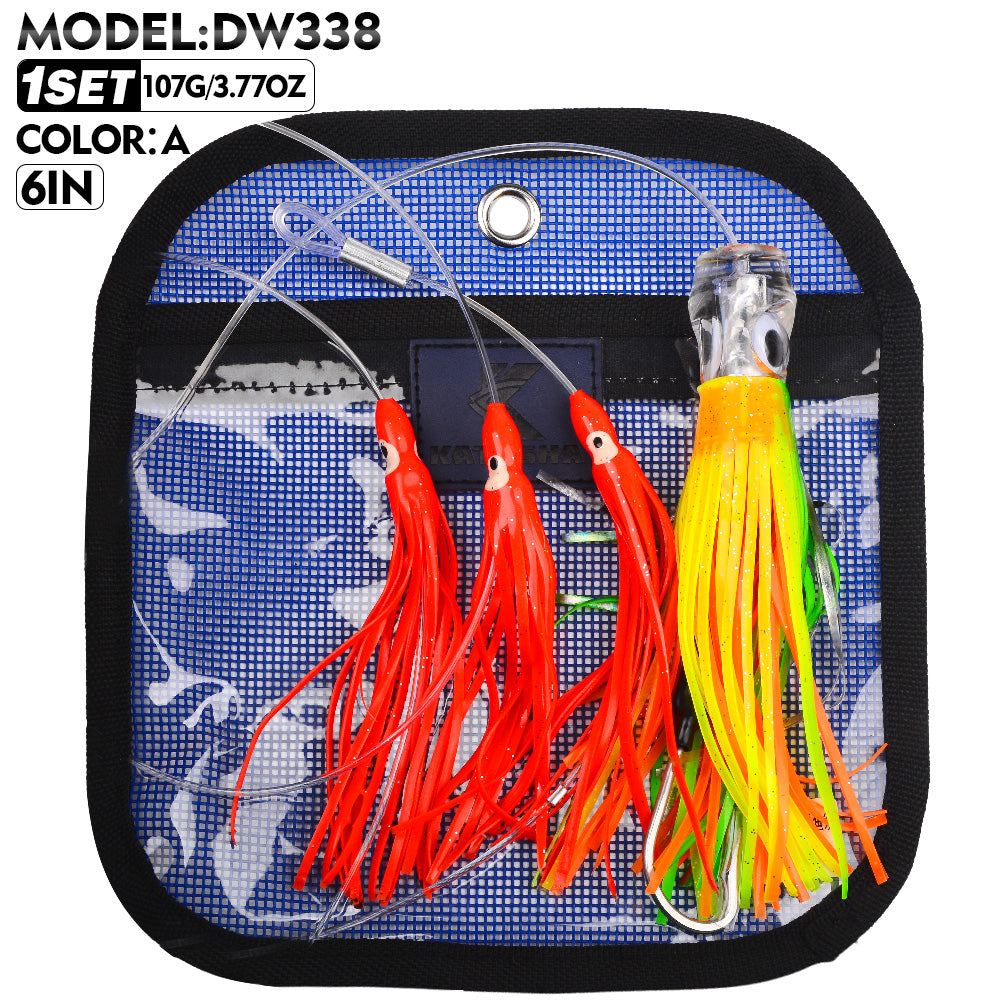 KATYUSHA Squid Trolling Lure Set, 6PCS/ Set, 5.9-9.1in, Crystal/ Metal Head, with Storage Bag