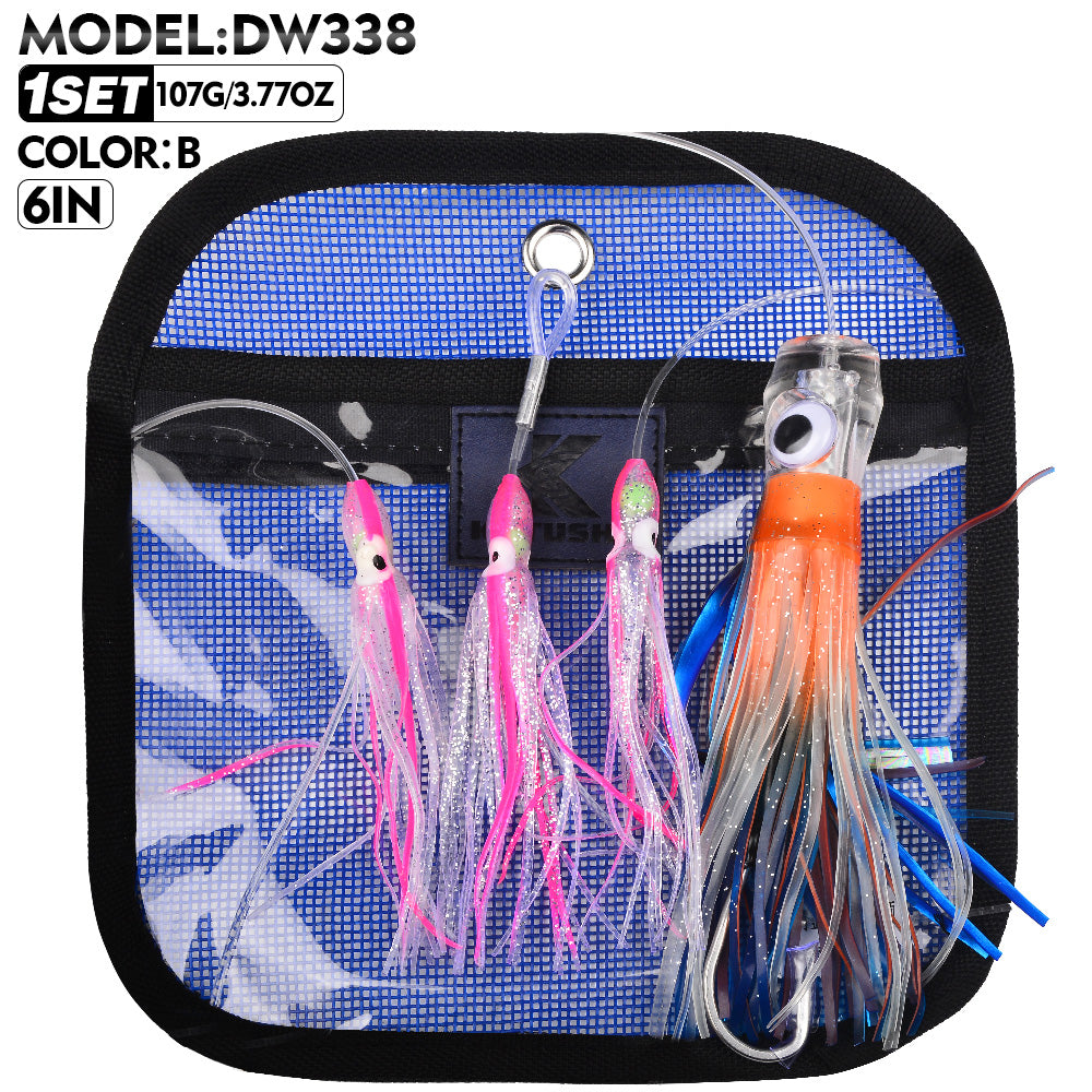 KATYUSHA Squid Trolling Lure Set, 6PCS/ Set, 5.9-9.1in, Crystal/ Metal Head, with Storage Bag