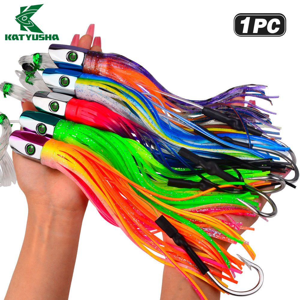 KATYUSHA Squid Trolling Lure, 85g/ 102g/ 119g/ 23.5/ 24cm, 170cm Leader (Colors A-E) Metal Head + Green Squid Skirt
