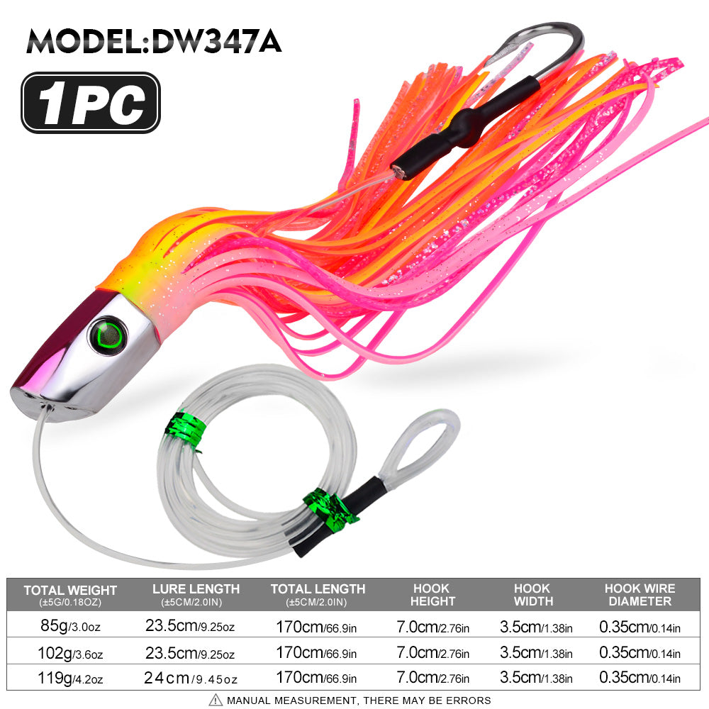 KATYUSHA Squid Trolling Lure, 85g/ 102g/ 119g/ 23.5/ 24cm, 170cm Leader (Colors A-E) Metal Head + Green Squid Skirt