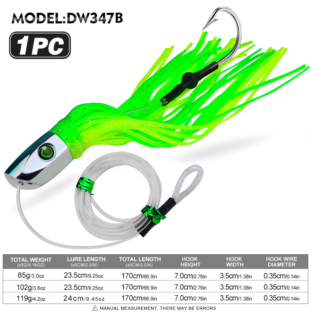 KATYUSHA Squid Trolling Lure, 85g/ 102g/ 119g/ 23.5/ 24cm, 170cm Leader (Colors A-E) Metal Head + Green Squid Skirt