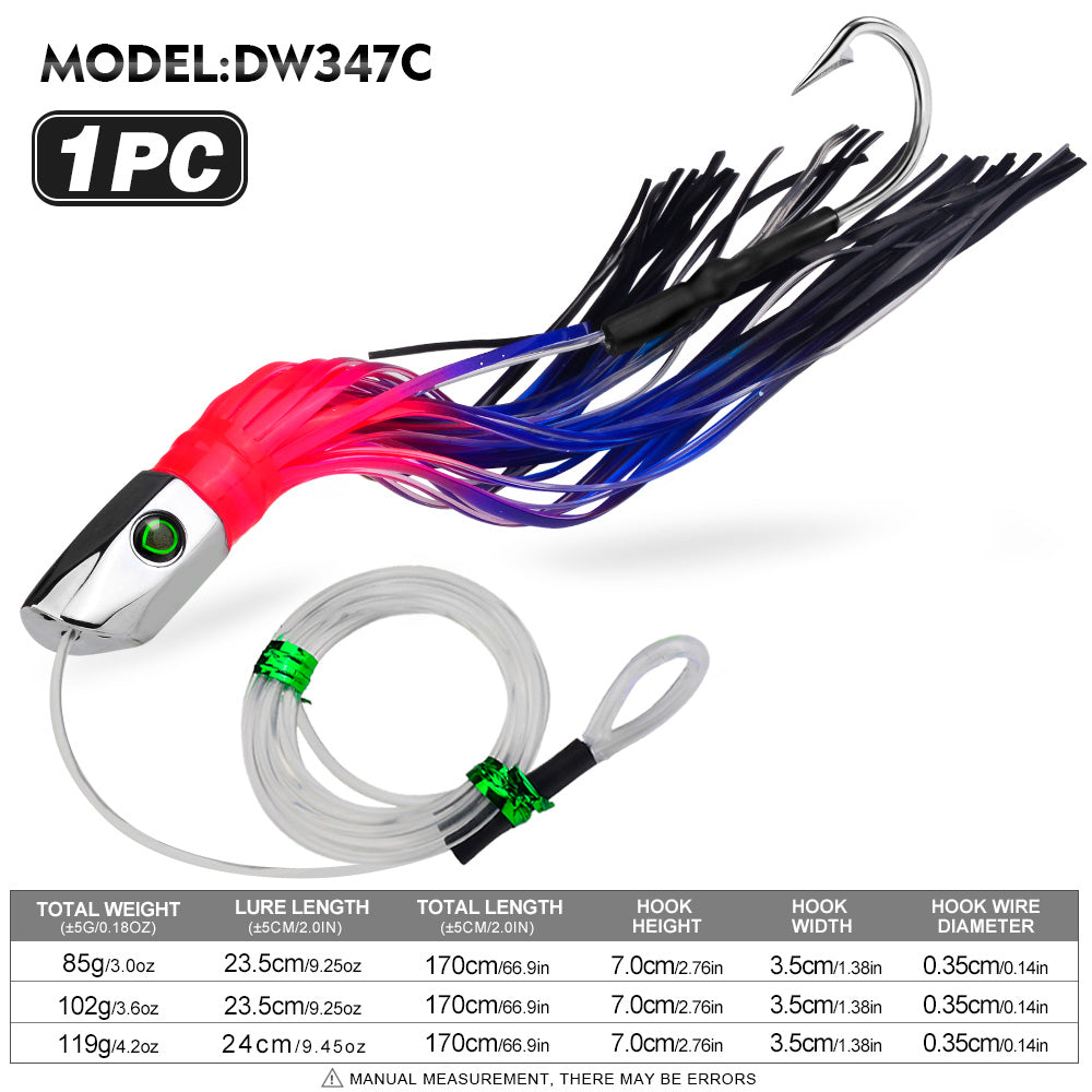 KATYUSHA Squid Trolling Lure, 85g/ 102g/ 119g/ 23.5/ 24cm, 170cm Leader (Colors A-E) Metal Head + Green Squid Skirt