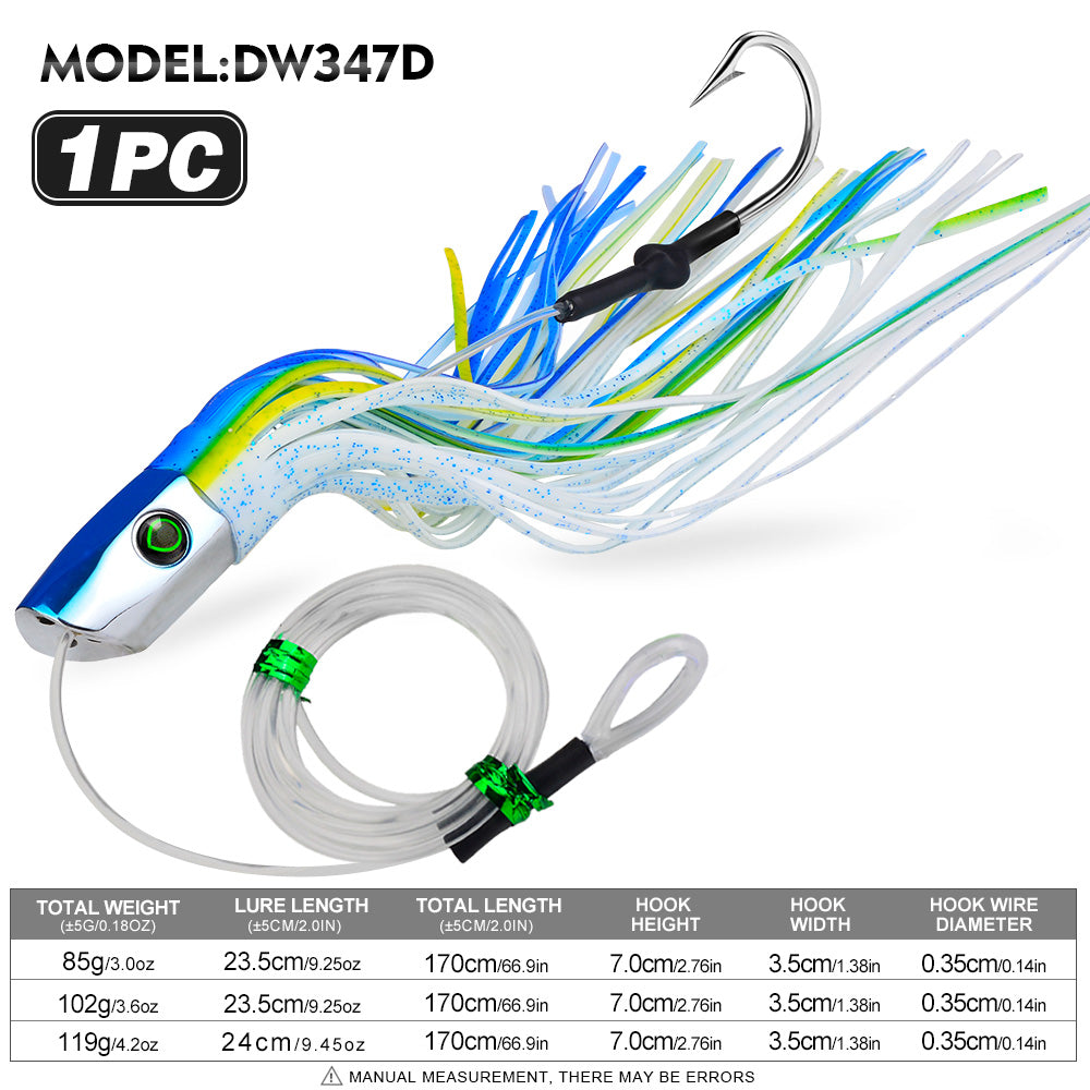 KATYUSHA Squid Trolling Lure, 85g/ 102g/ 119g/ 23.5/ 24cm, 170cm Leader (Colors A-E) Metal Head + Green Squid Skirt