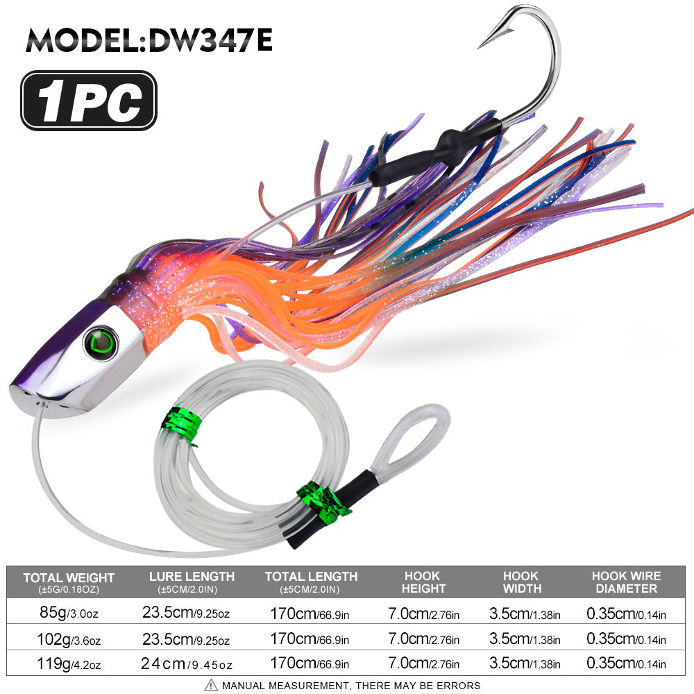 KATYUSHA Squid Trolling Lure, 85g/ 102g/ 119g/ 23.5/ 24cm, 170cm Leader (Colors A-E) Metal Head + Green Squid Skirt
