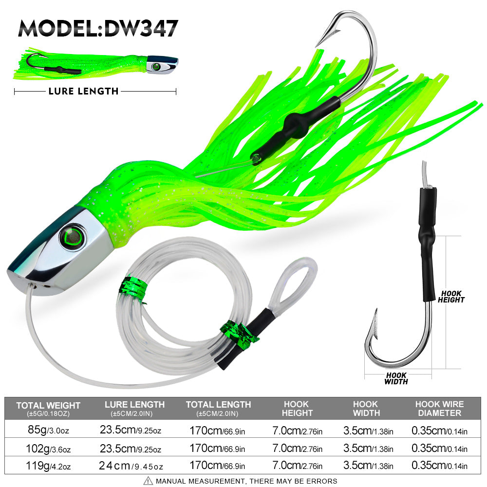 KATYUSHA Squid Trolling Lure, 85g/ 102g/ 119g/ 23.5/ 24cm, 170cm Leader (Colors A-E) Metal Head + Green Squid Skirt