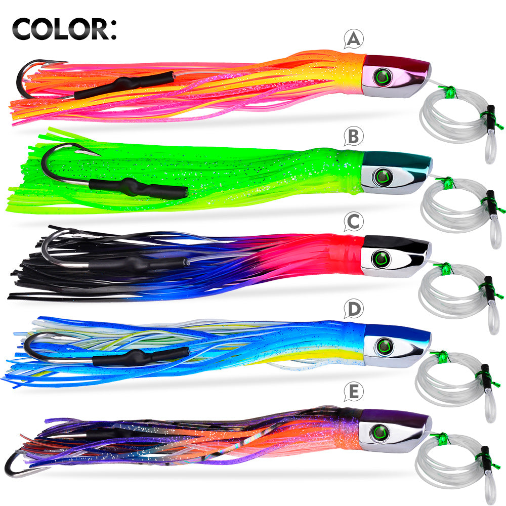 KATYUSHA Squid Trolling Lure, 85g/ 102g/ 119g/ 23.5/ 24cm, 170cm Leader (Colors A-E) Metal Head + Green Squid Skirt