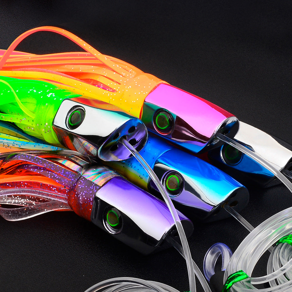 KATYUSHA Squid Trolling Lure, 85g/ 102g/ 119g/ 23.5/ 24cm, 170cm Leader (Colors A-E) Metal Head + Green Squid Skirt