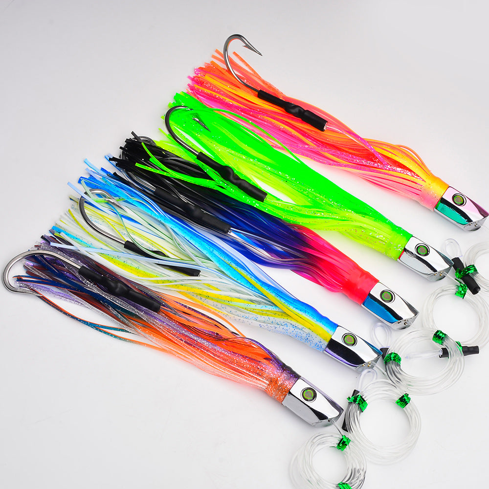 KATYUSHA Squid Trolling Lure, 85g/ 102g/ 119g/ 23.5/ 24cm, 170cm Leader (Colors A-E) Metal Head + Green Squid Skirt