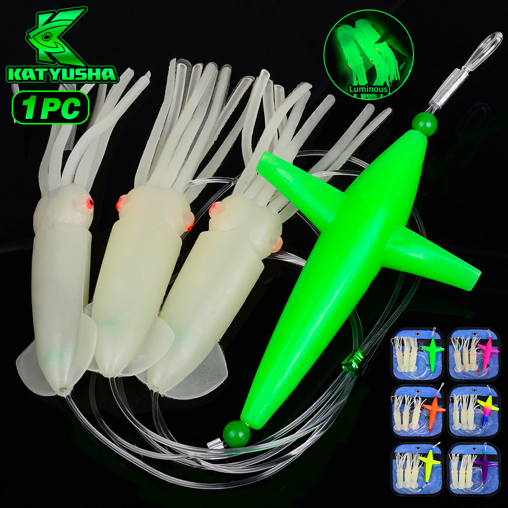 KATYUSHA Offshore Trolling Rig, Green Dolphin Teaser + Luminous Squid Skirts, Pre-Rigged Lead Hook, for Night/ Deep-Sea Fishing