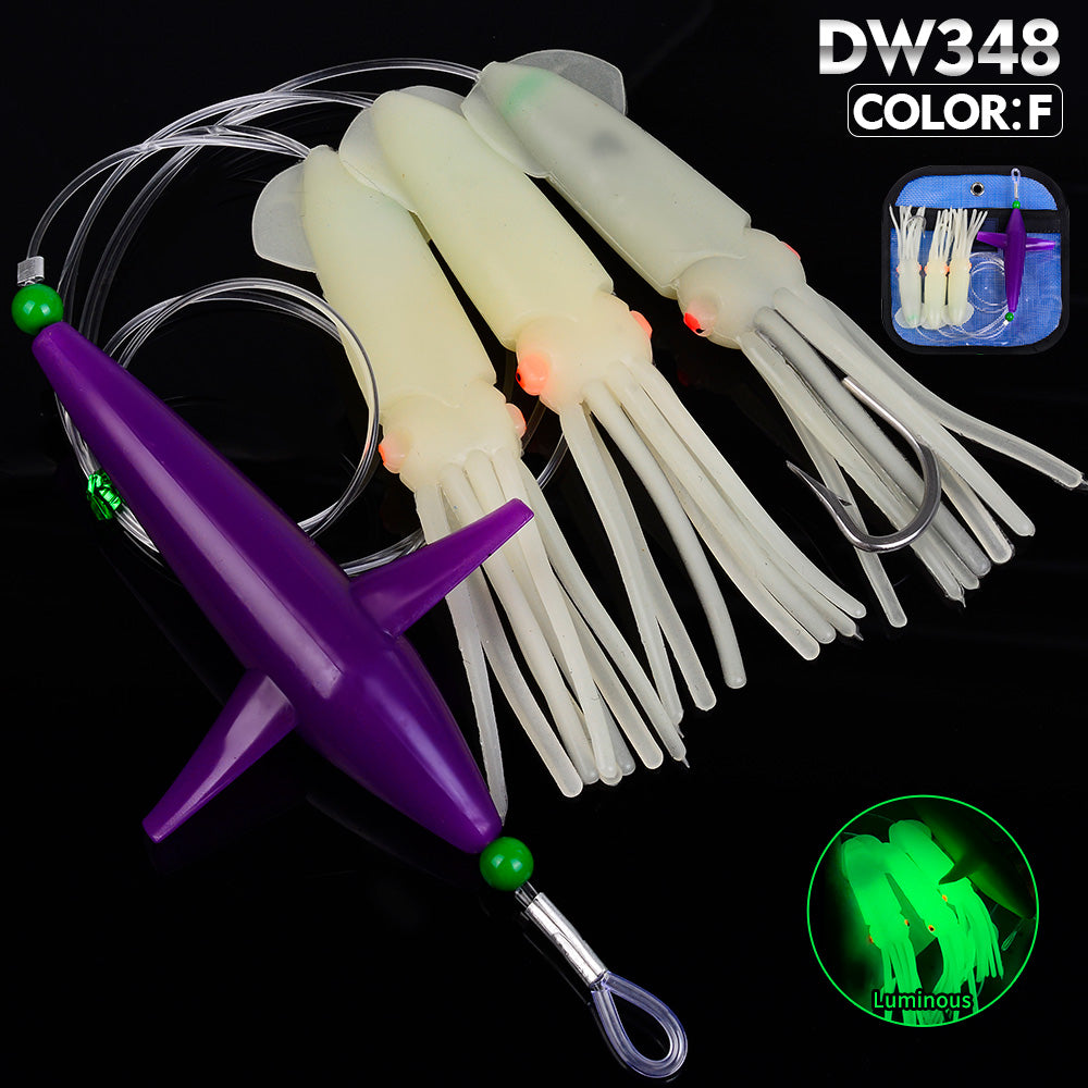 KATYUSHA Offshore Trolling Rig, Green Dolphin Teaser + Luminous Squid Skirts, Pre-Rigged Lead Hook, for Night/ Deep-Sea Fishing