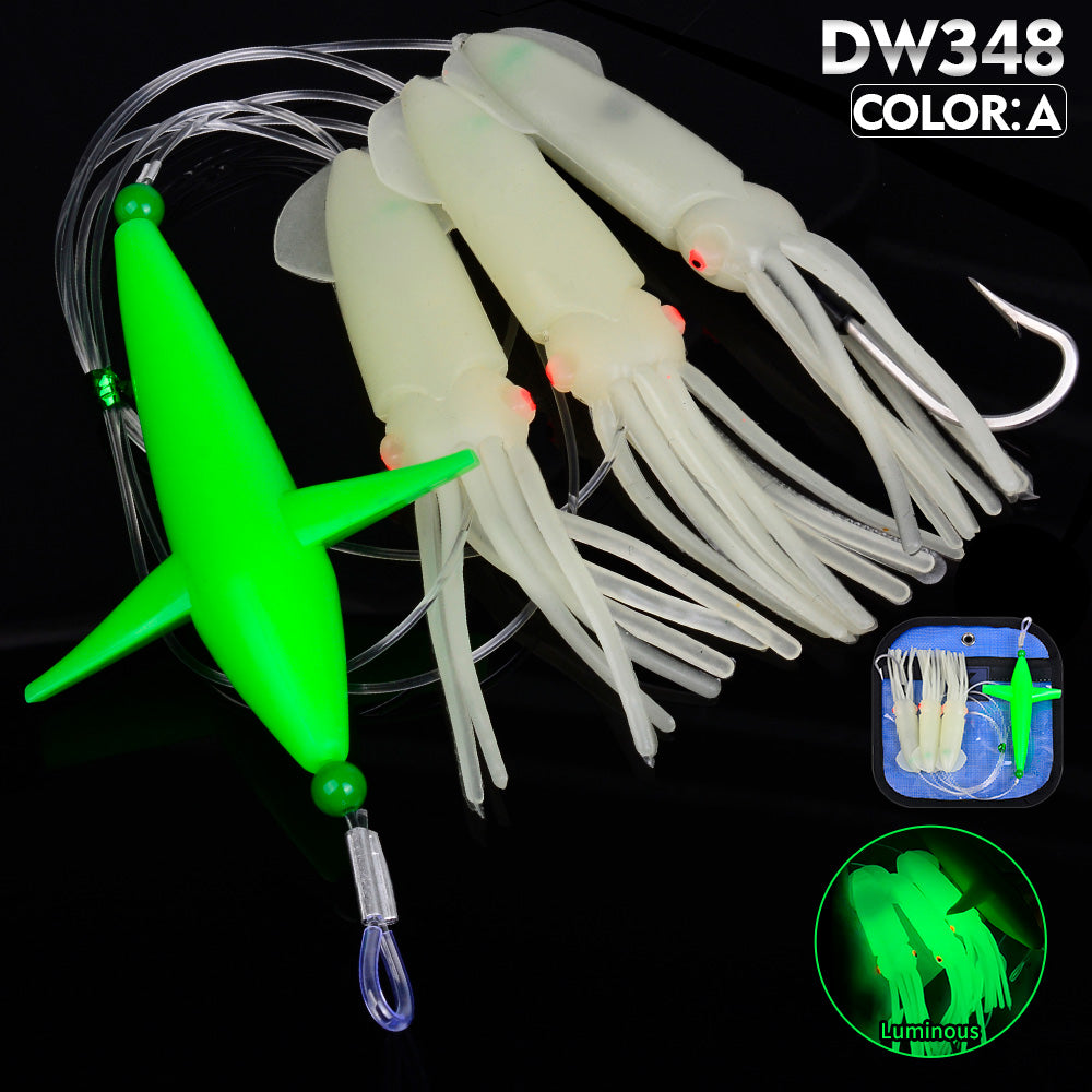 KATYUSHA Offshore Trolling Rig, Green Dolphin Teaser + Luminous Squid Skirts, Pre-Rigged Lead Hook, for Night/ Deep-Sea Fishing