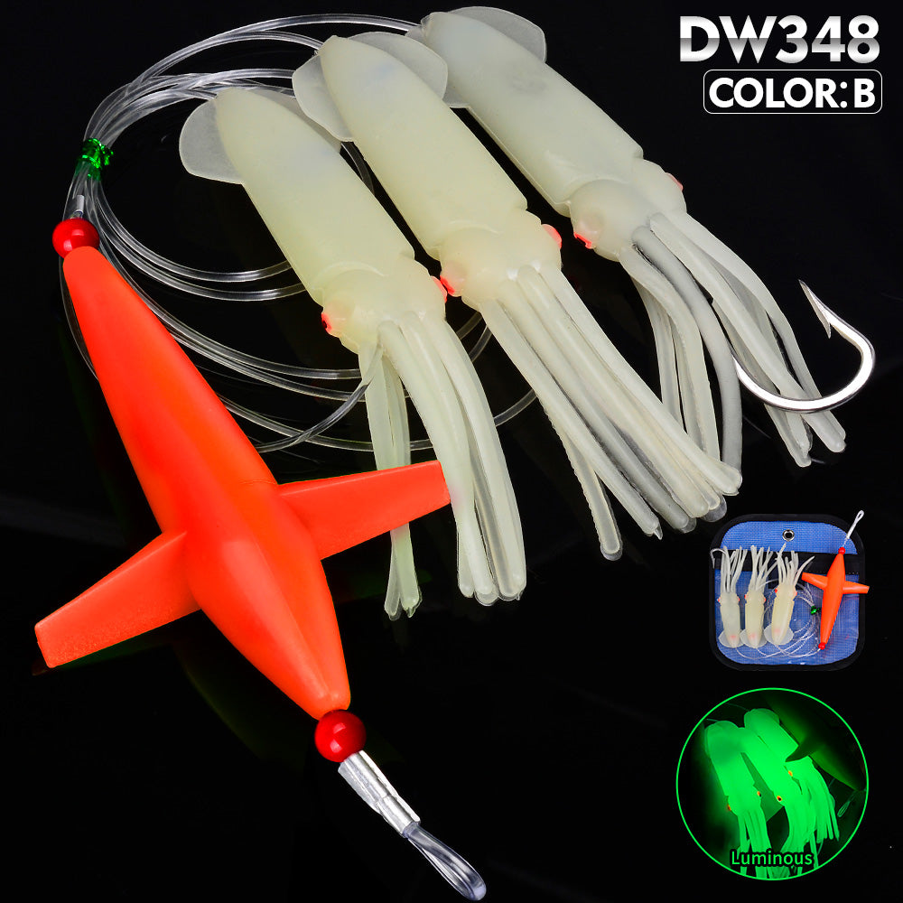 KATYUSHA Offshore Trolling Rig, Green Dolphin Teaser + Luminous Squid Skirts, Pre-Rigged Lead Hook, for Night/ Deep-Sea Fishing