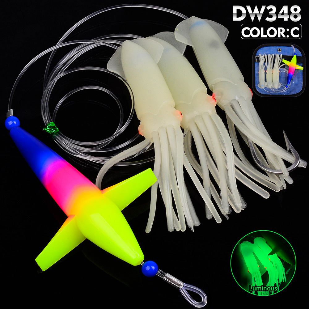 KATYUSHA Offshore Trolling Rig, Green Dolphin Teaser + Luminous Squid Skirts, Pre-Rigged Lead Hook, for Night/ Deep-Sea Fishing