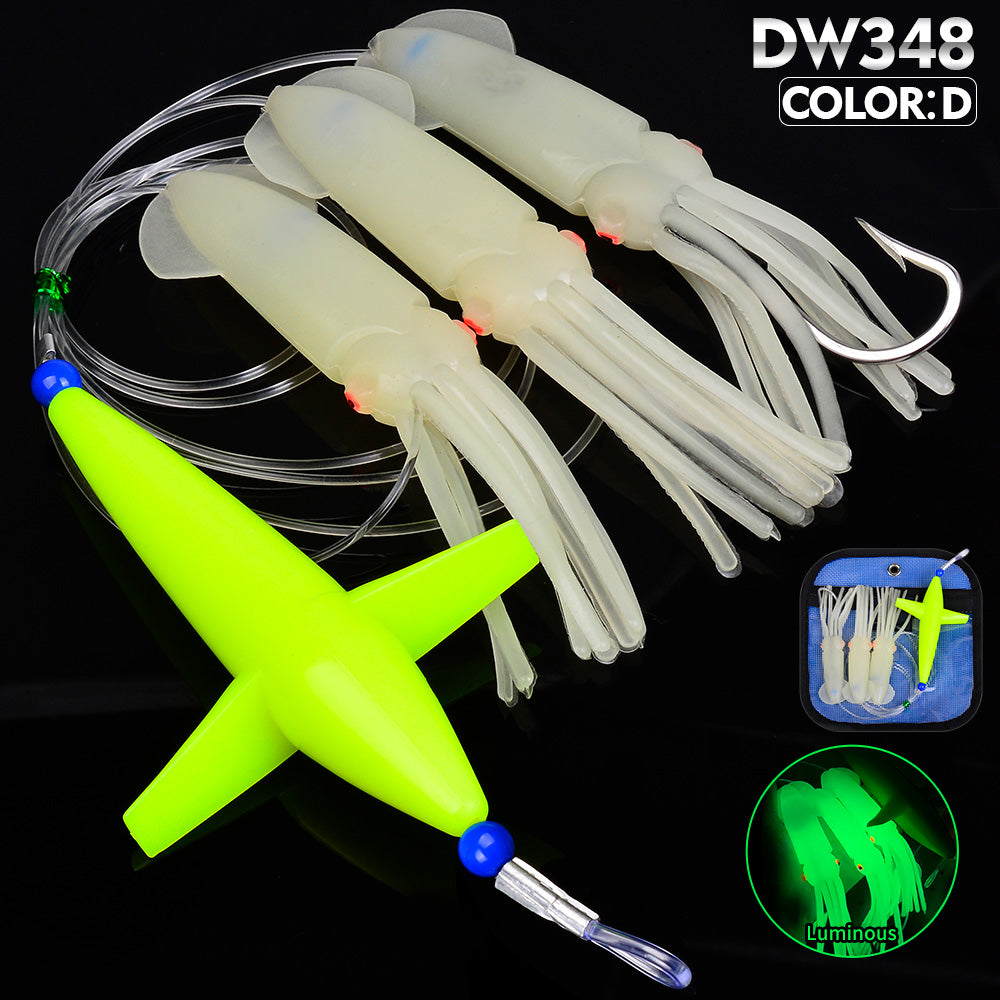 KATYUSHA Offshore Trolling Rig, Green Dolphin Teaser + Luminous Squid Skirts, Pre-Rigged Lead Hook, for Night/ Deep-Sea Fishing