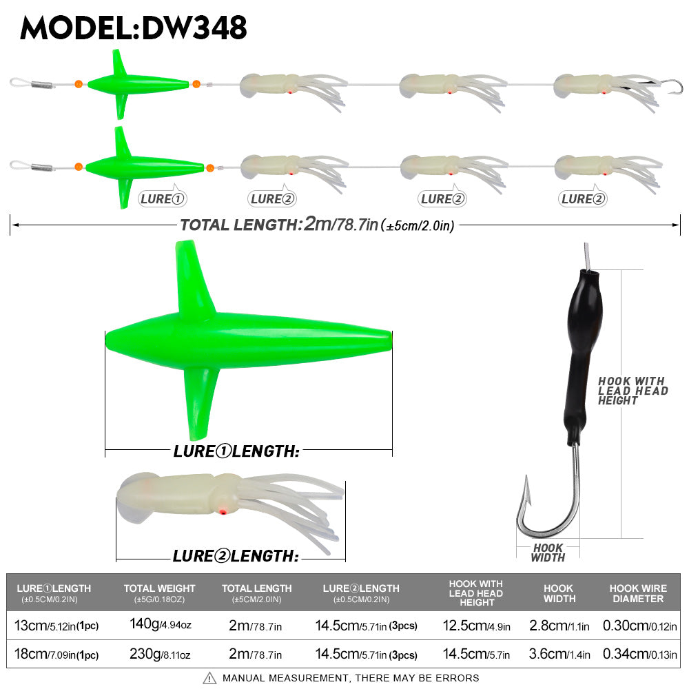 KATYUSHA Offshore Trolling Rig, Green Dolphin Teaser + Luminous Squid Skirts, Pre-Rigged Lead Hook, for Night/ Deep-Sea Fishing
