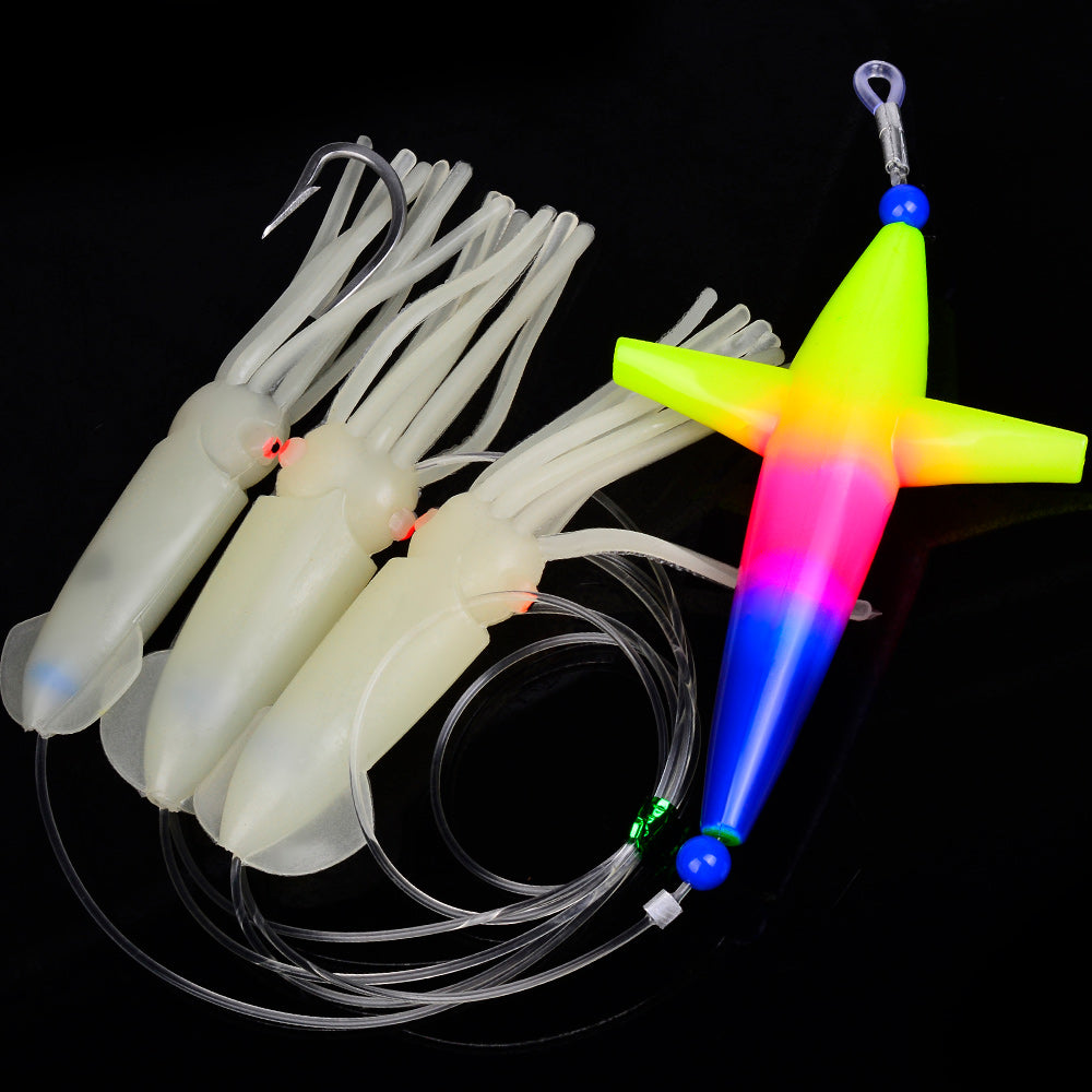 KATYUSHA Offshore Trolling Rig, Green Dolphin Teaser + Luminous Squid Skirts, Pre-Rigged Lead Hook, for Night/ Deep-Sea Fishing