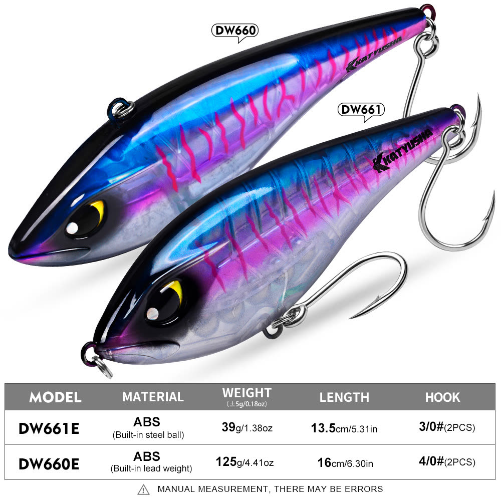 KATYUSHA DW660 & DW661 Vibration Hard Lure 8 Colors (A-H) Saltwater Offshore Fishing Bait 39g/ 125g (1PC Pack) - colour option E
