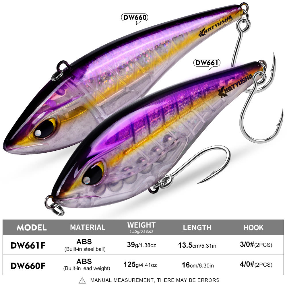 KATYUSHA DW660 & DW661 Vibration Hard Lure 8 Colors (A-H) Saltwater Offshore Fishing Bait 39g/ 125g (1PC Pack) - colour option F