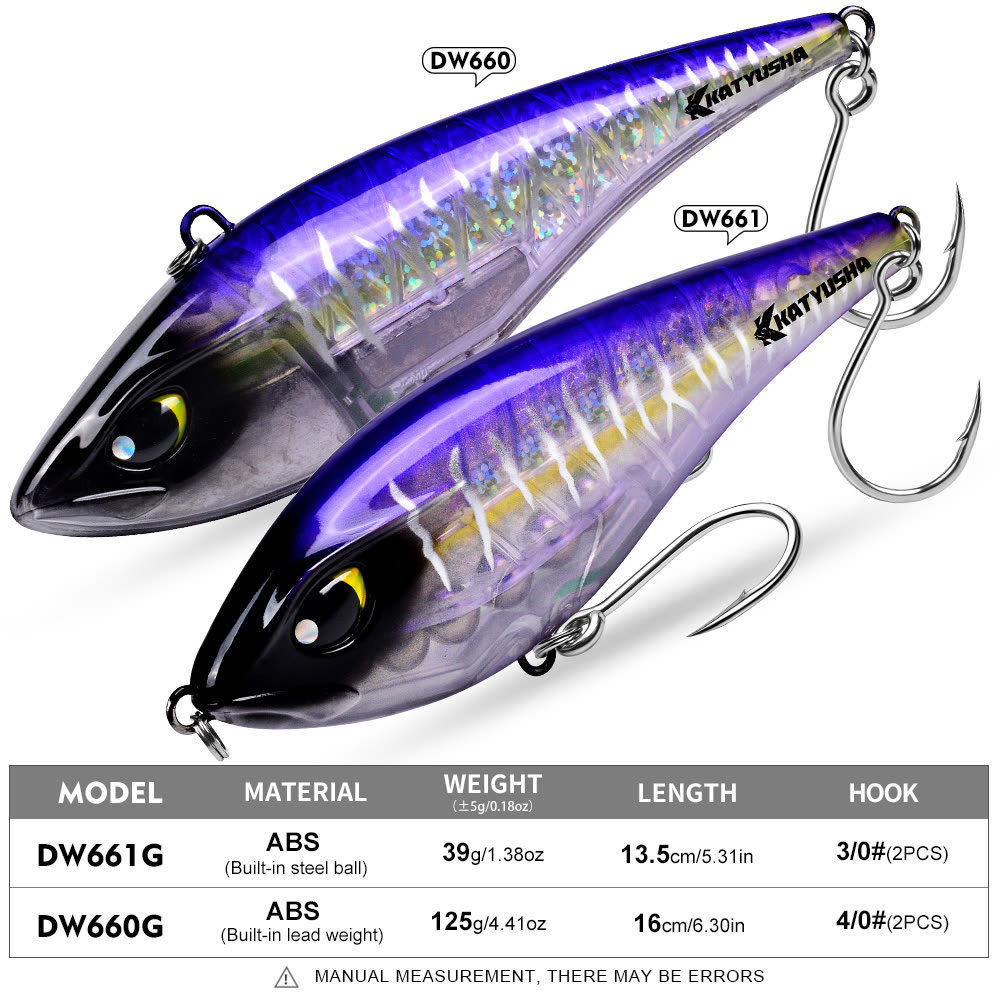 KATYUSHA DW660 & DW661 Vibration Hard Lure 8 Colors (A-H) Saltwater Offshore Fishing Bait 39g/ 125g (1PC Pack) - colour option G