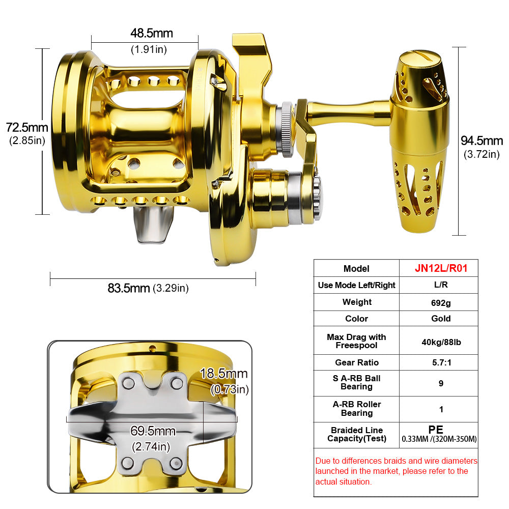 KATYUSHA JN12L/ R01 Gold Jigging Reel - 40KG Max Drag, Ideal Fishing Reel for Trolling
