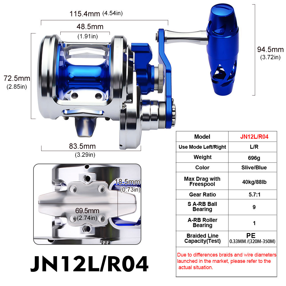 KATYUSHA JN12L/ R04 Silver - Blue Jigging Reel: 40KG Max Drag for Fishing & Trolling