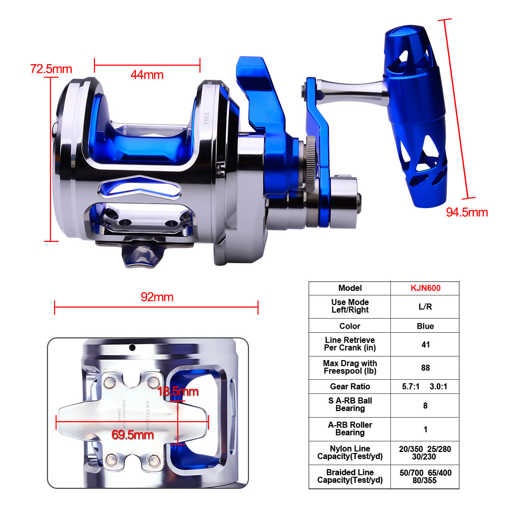 KATYUSHA KJN600 Jigging Reel - 40KG Max Drag, Smooth Fishing Reel with PE Line, Ideal for Trolling Reels - colour option KJN600R