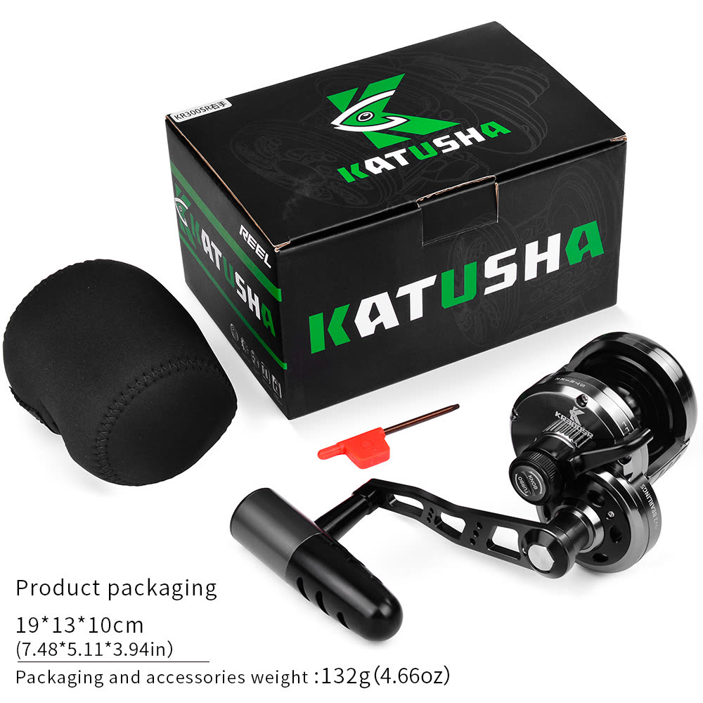 KATYUSHA KR200/ KR300 Jigging Reel with Power Handle Saltwater Trolling - retail packaging