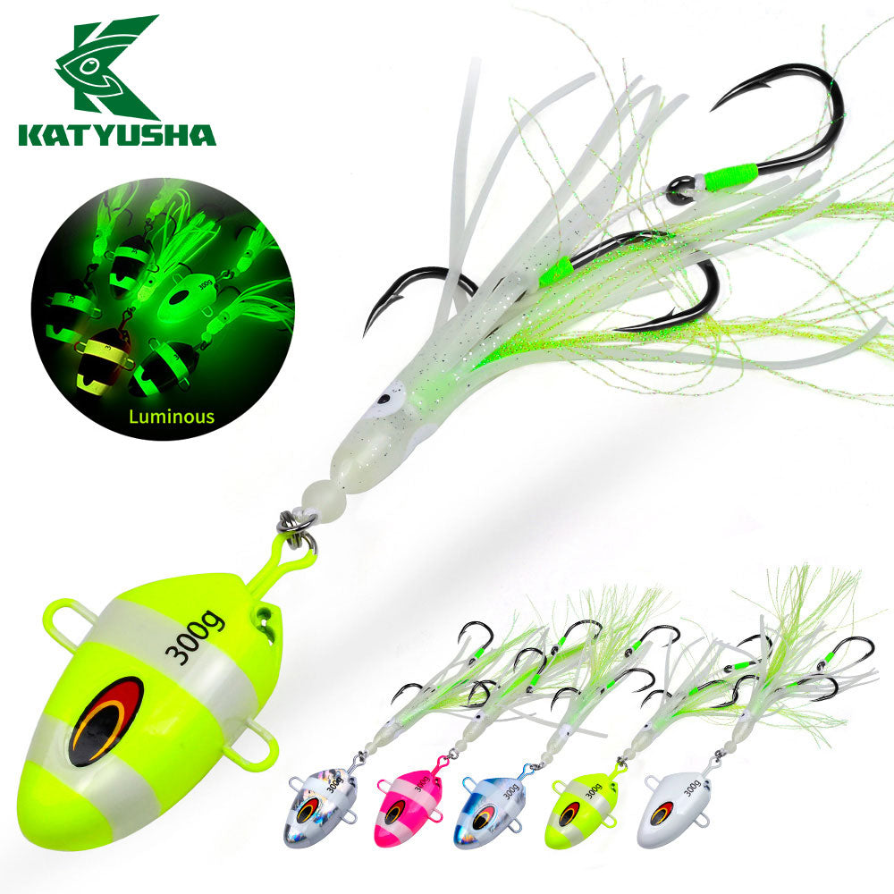 KATYUSHA Lead Kabura Jig with Squid Skirt; Triple Assist Hooks 3D Big Eye Saltwater Big Game Fishing Bait 100g-300g