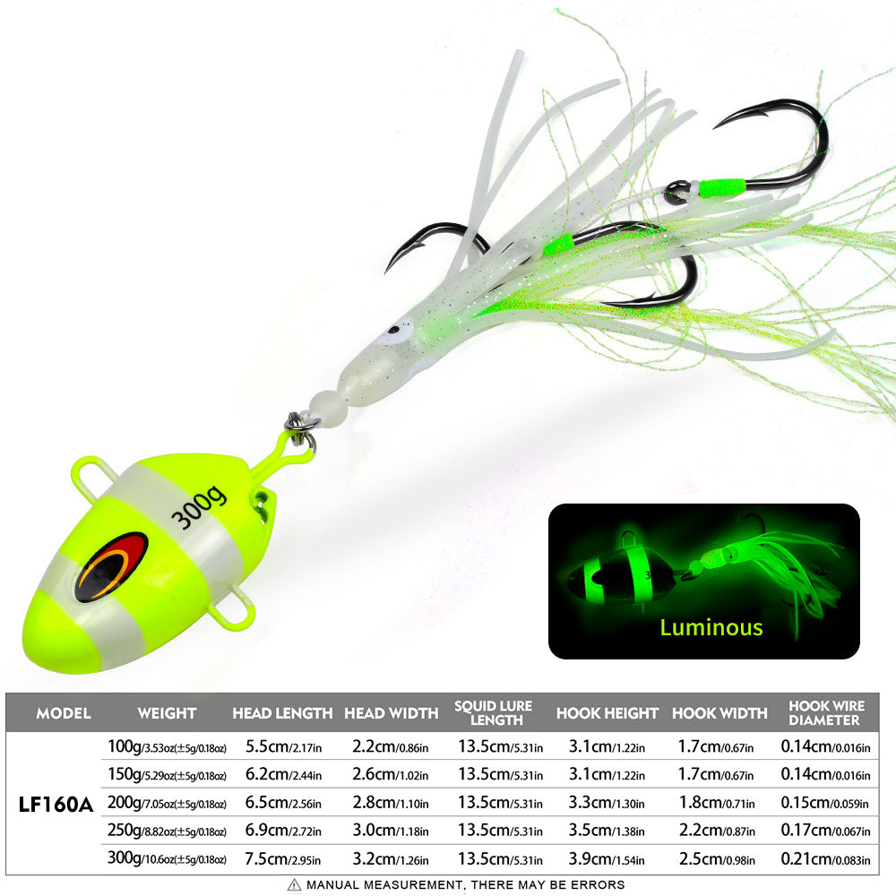 KATYUSHA Lead Kabura Jig with Squid Skirt; Triple Assist Hooks 3D Big Eye Saltwater Big Game Fishing Bait 100g-300g