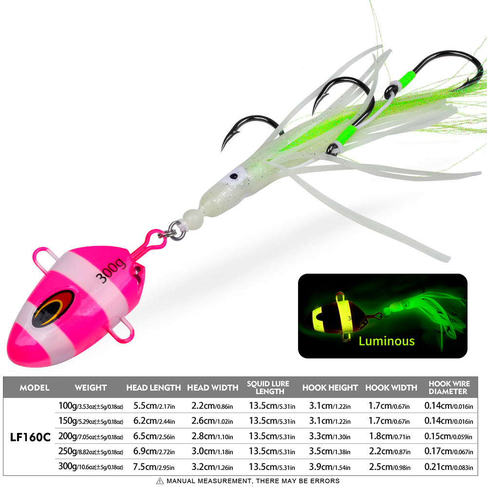 KATYUSHA Lead Kabura Jig with Squid Skirt; Triple Assist Hooks 3D Big Eye Saltwater Big Game Fishing Bait 100g-300g
