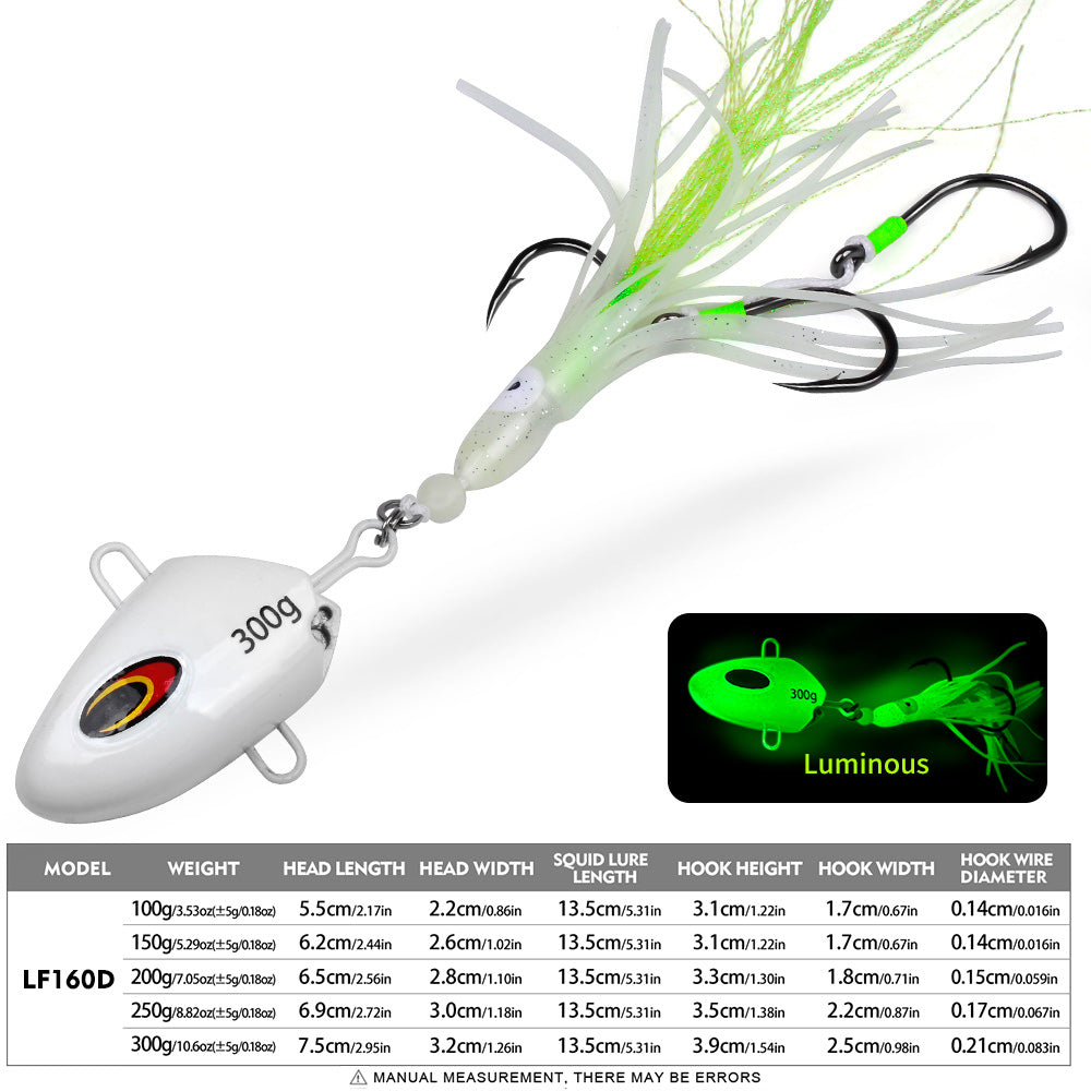 KATYUSHA Lead Kabura Jig with Squid Skirt; Triple Assist Hooks 3D Big Eye Saltwater Big Game Fishing Bait 100g-300g