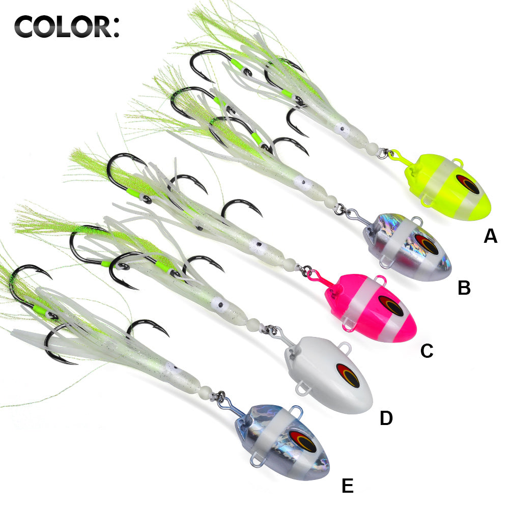 KATYUSHA Lead Kabura Jig with Squid Skirt; Triple Assist Hooks 3D Big Eye Saltwater Big Game Fishing Bait 100g-300g