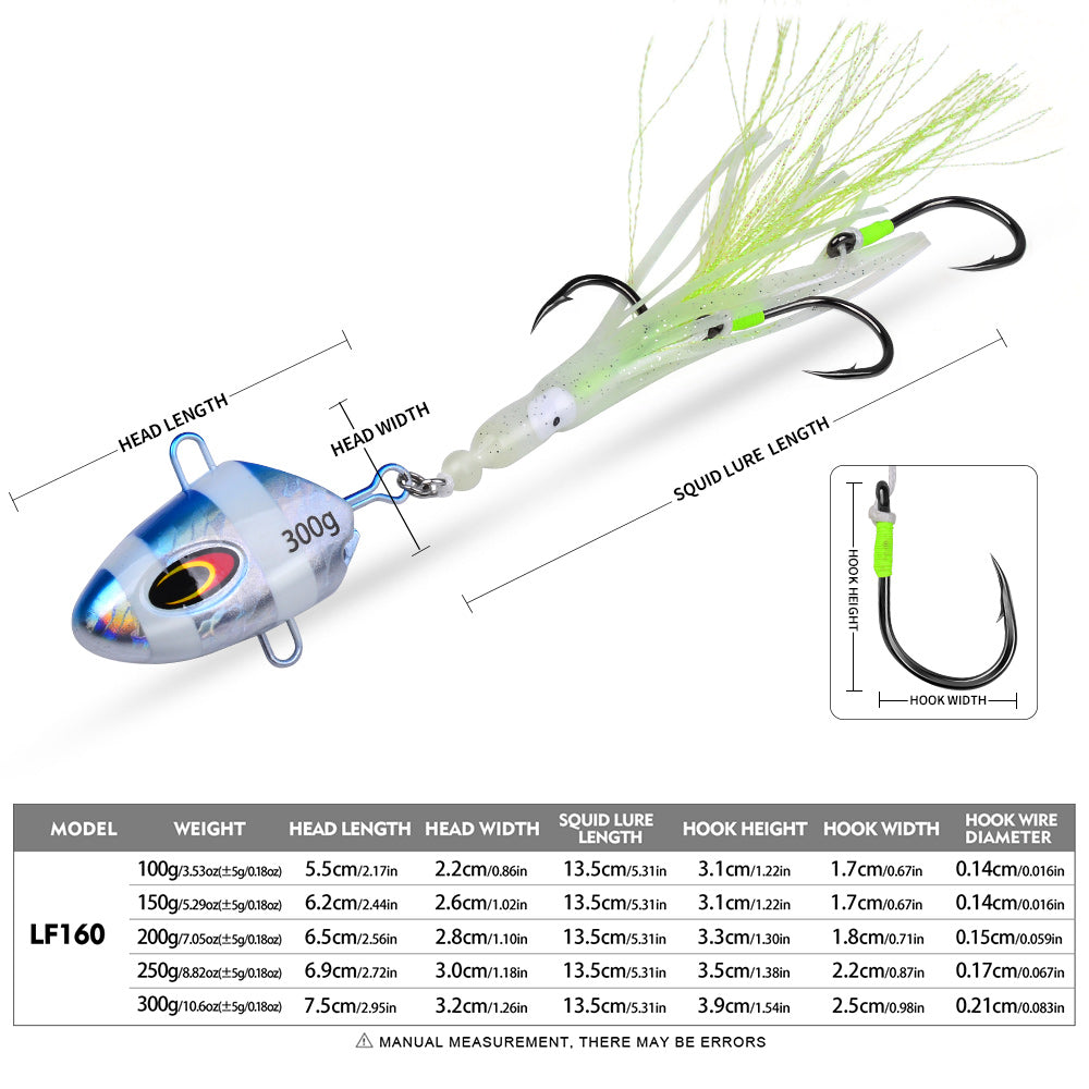 KATYUSHA Lead Kabura Jig with Squid Skirt; Triple Assist Hooks 3D Big Eye Saltwater Big Game Fishing Bait 100g-300g