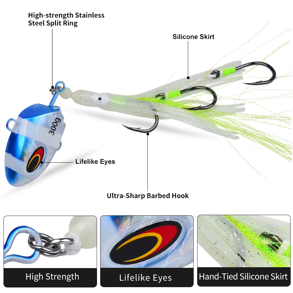 KATYUSHA Lead Kabura Jig with Squid Skirt; Triple Assist Hooks 3D Big Eye Saltwater Big Game Fishing Bait 100g-300g